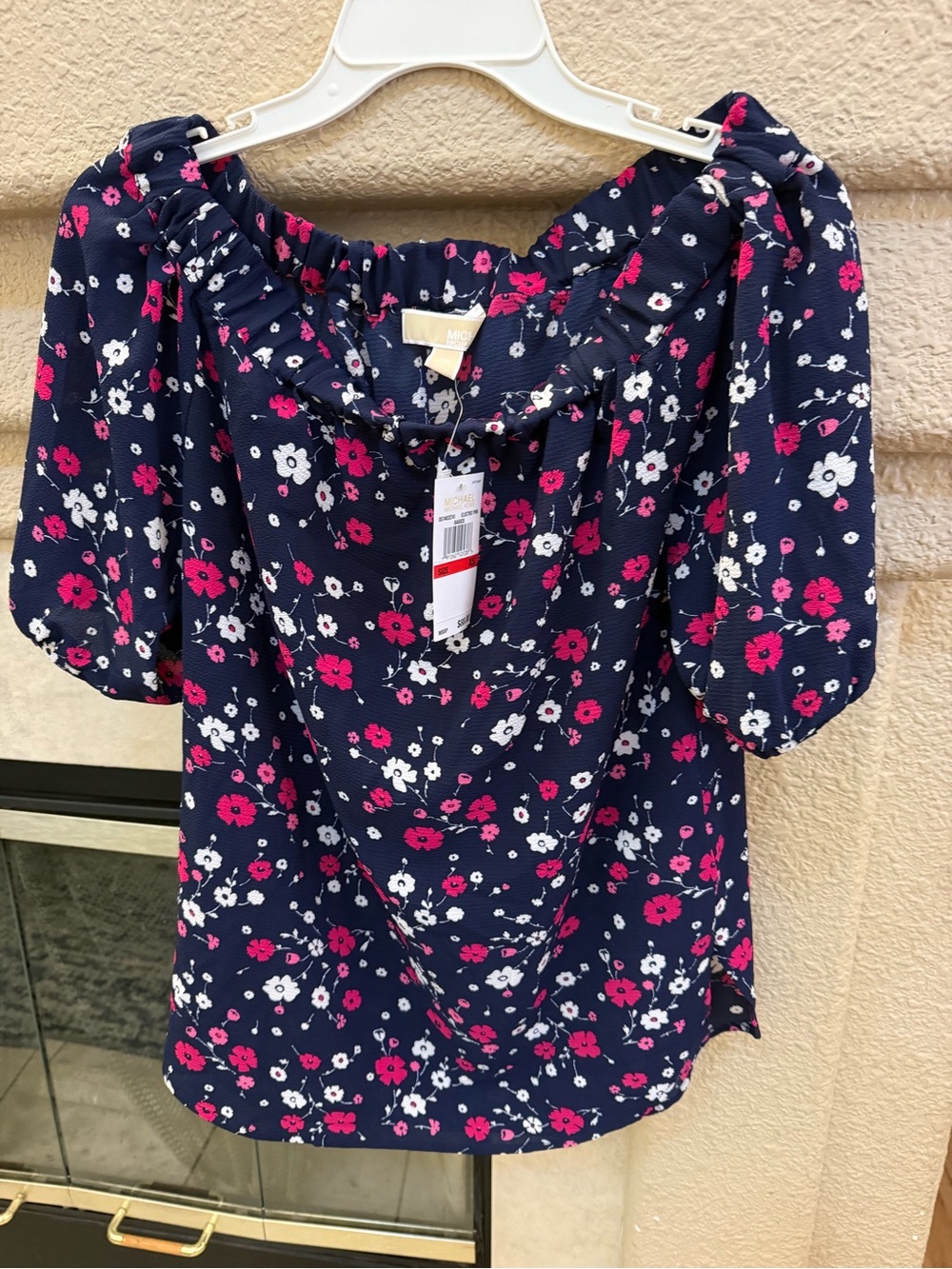 Michael Kors Navy Off-Shoulder Floral Blouse with Pink and White Flowers